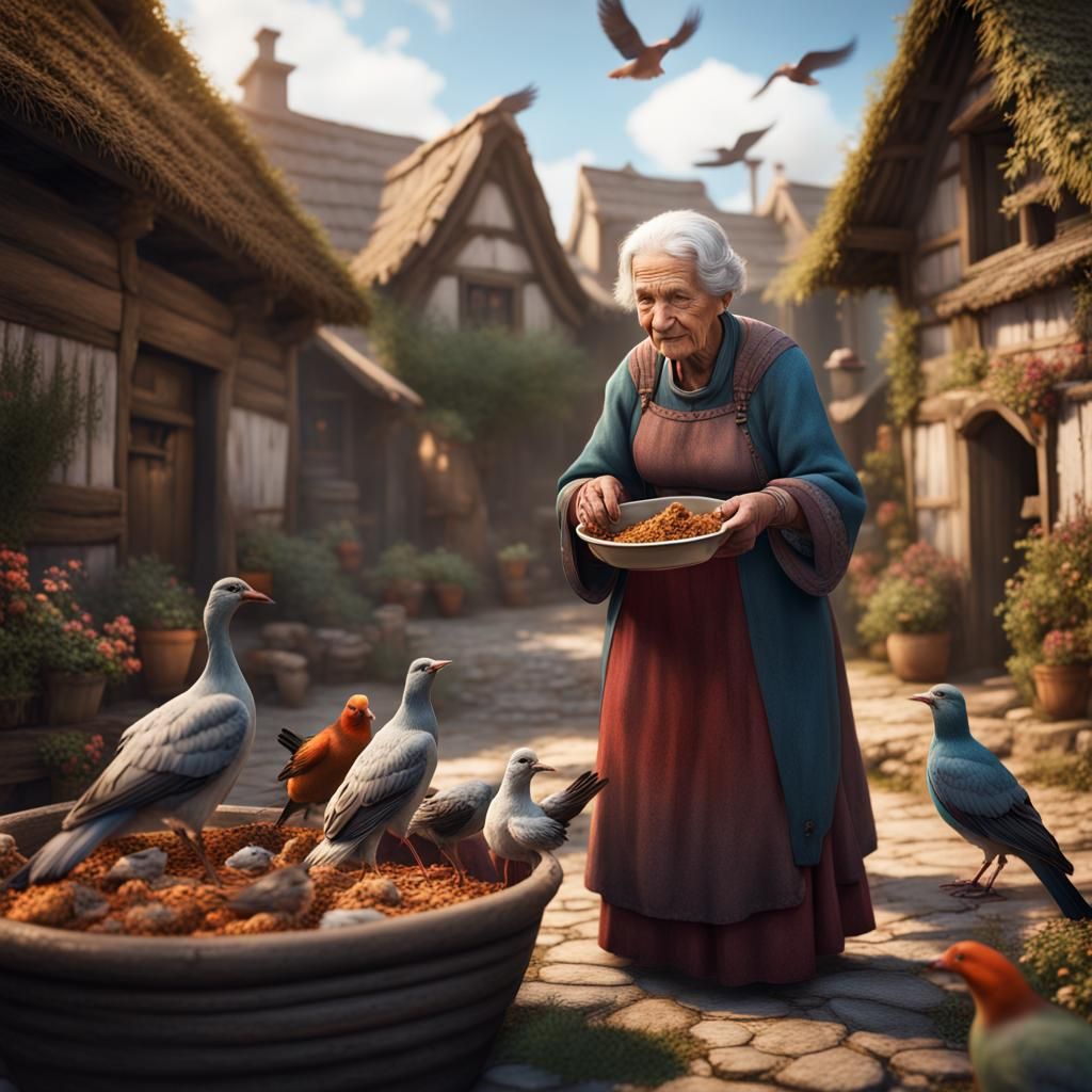 Happy Peasant Woman Feeding Birds, Fantasy Art