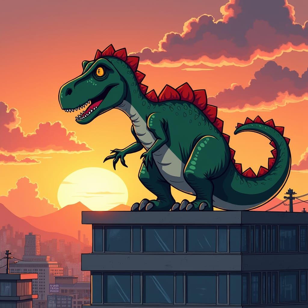 Cartoon T-Rex in Chiba at Sunset, Anime Style