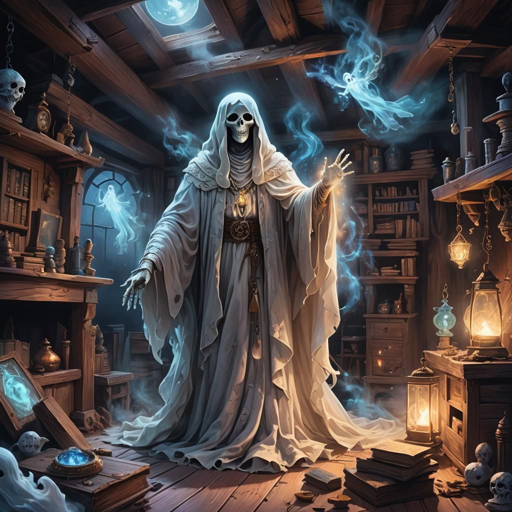 Ethereal Ghost in Haunted Attic: Fantasy Concept Art