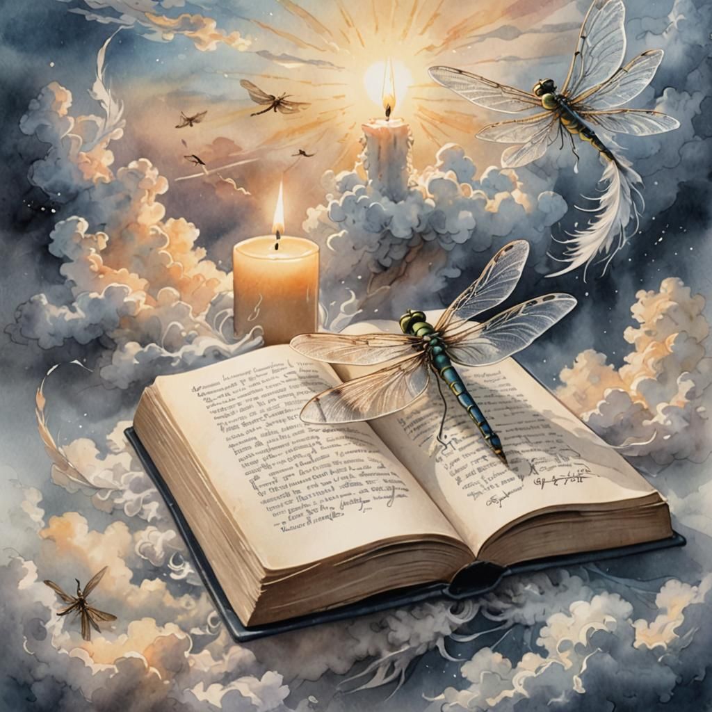 Watercolor Book with Dragonfly and Calligraphy