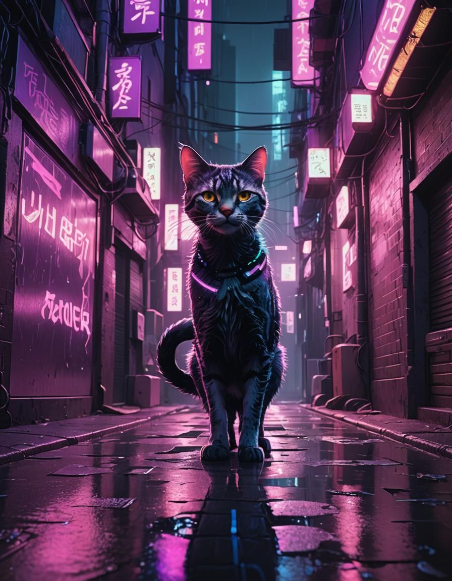 Cyberpunk Cat in Neon Alley: Concept Art