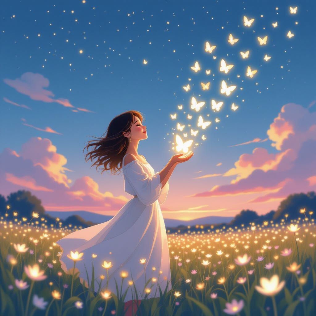 Woman Releases Butterflies in Twilight, Disney Animation Sty...