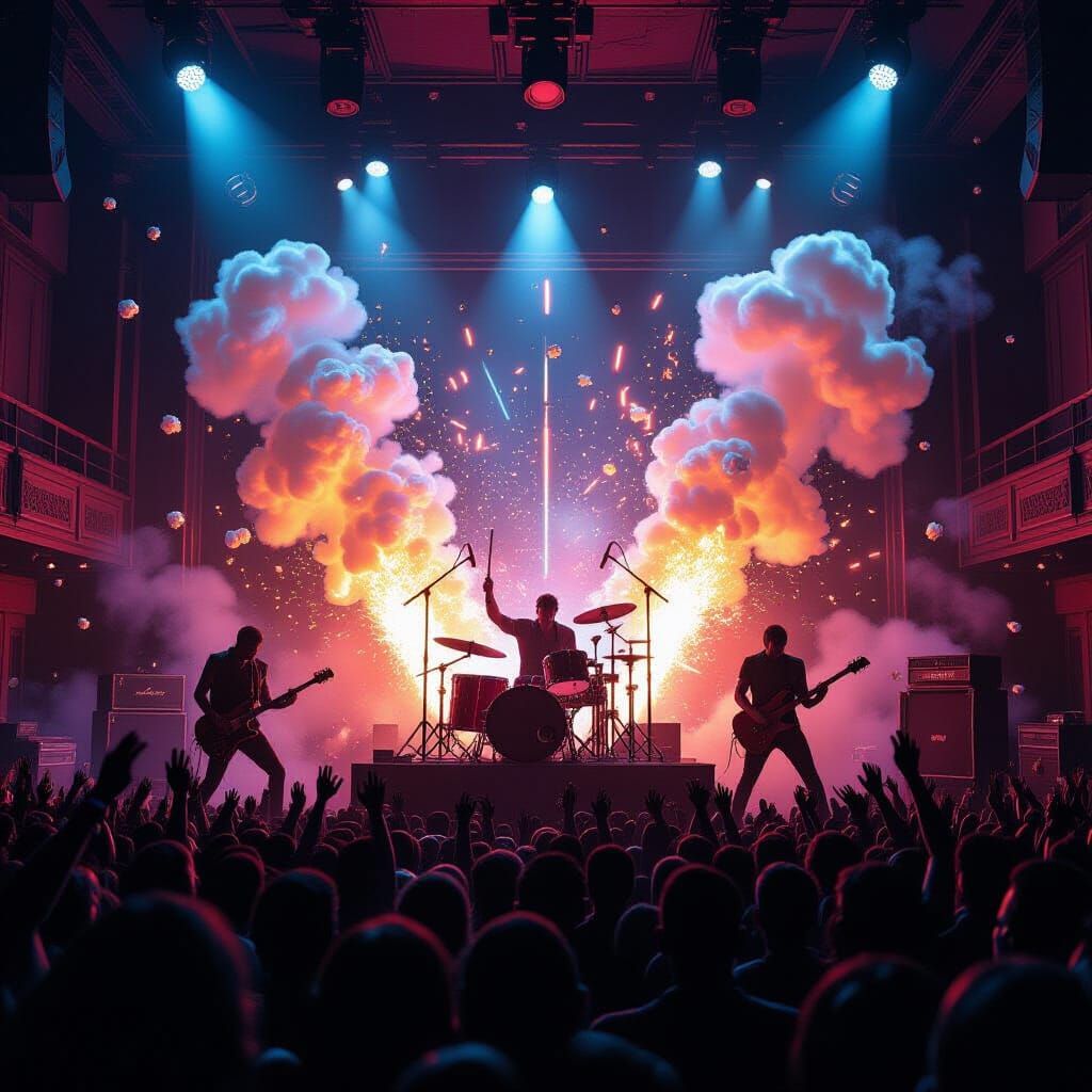 Cyberpunk Rock Concert with Exploding Popcorn