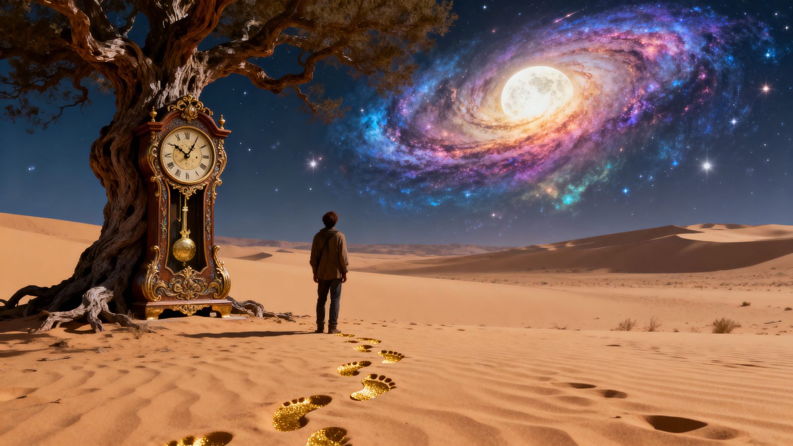 Surreal Desert Clock Tree Galaxy Wanderer