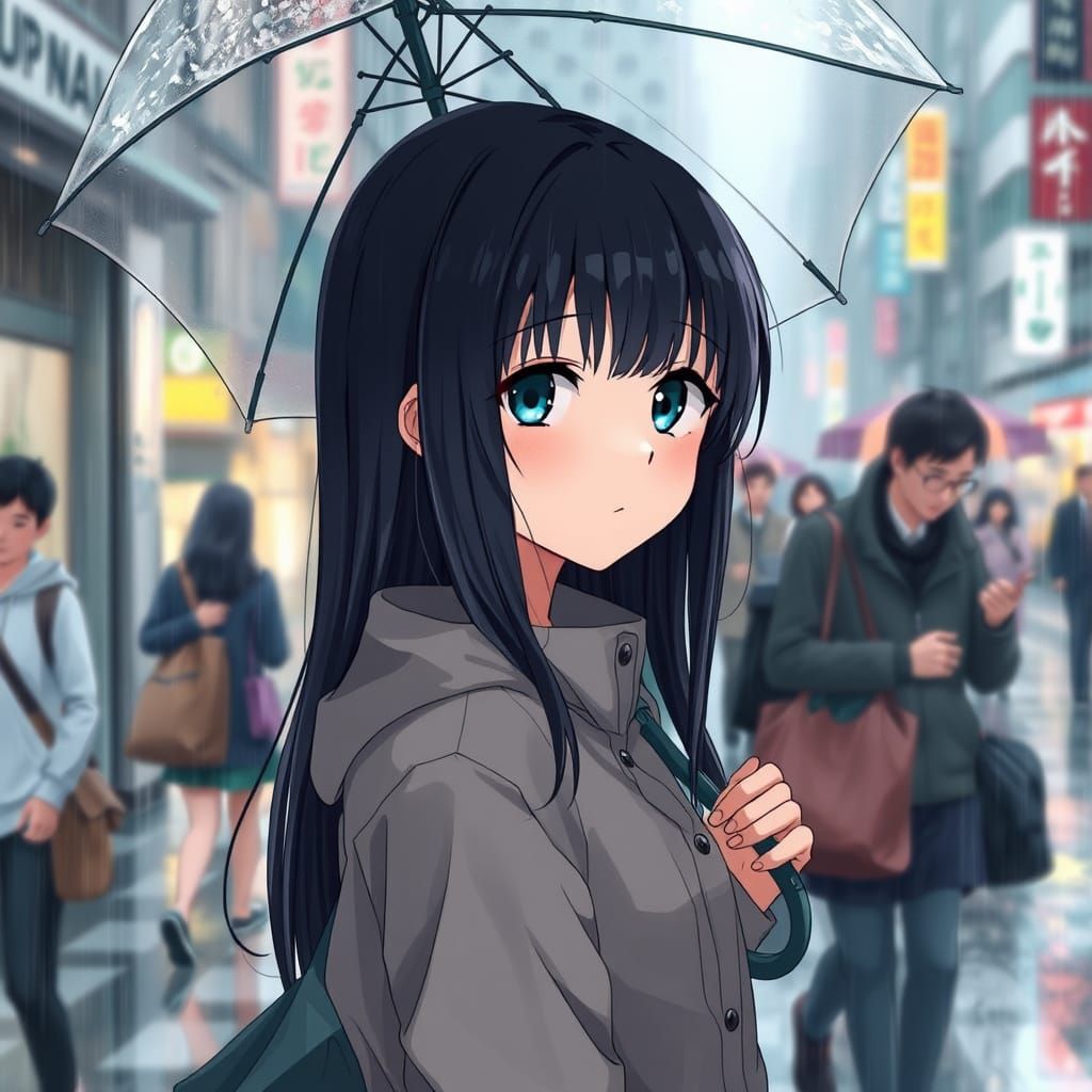 Girl Stands Still in Rainy City Streets, in a Gray and White...