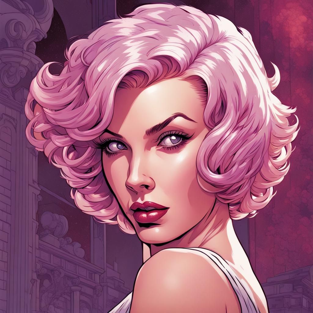 Pink-Haired Woman in Pinup Comic Book Style