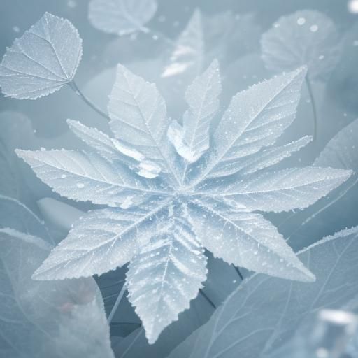 Ethereal Snow Crystal on Icy Leaf: Watercolor Macro