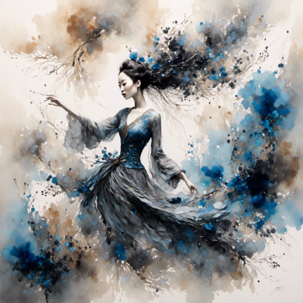 Woman Floating in Asian Ink Wash Painting