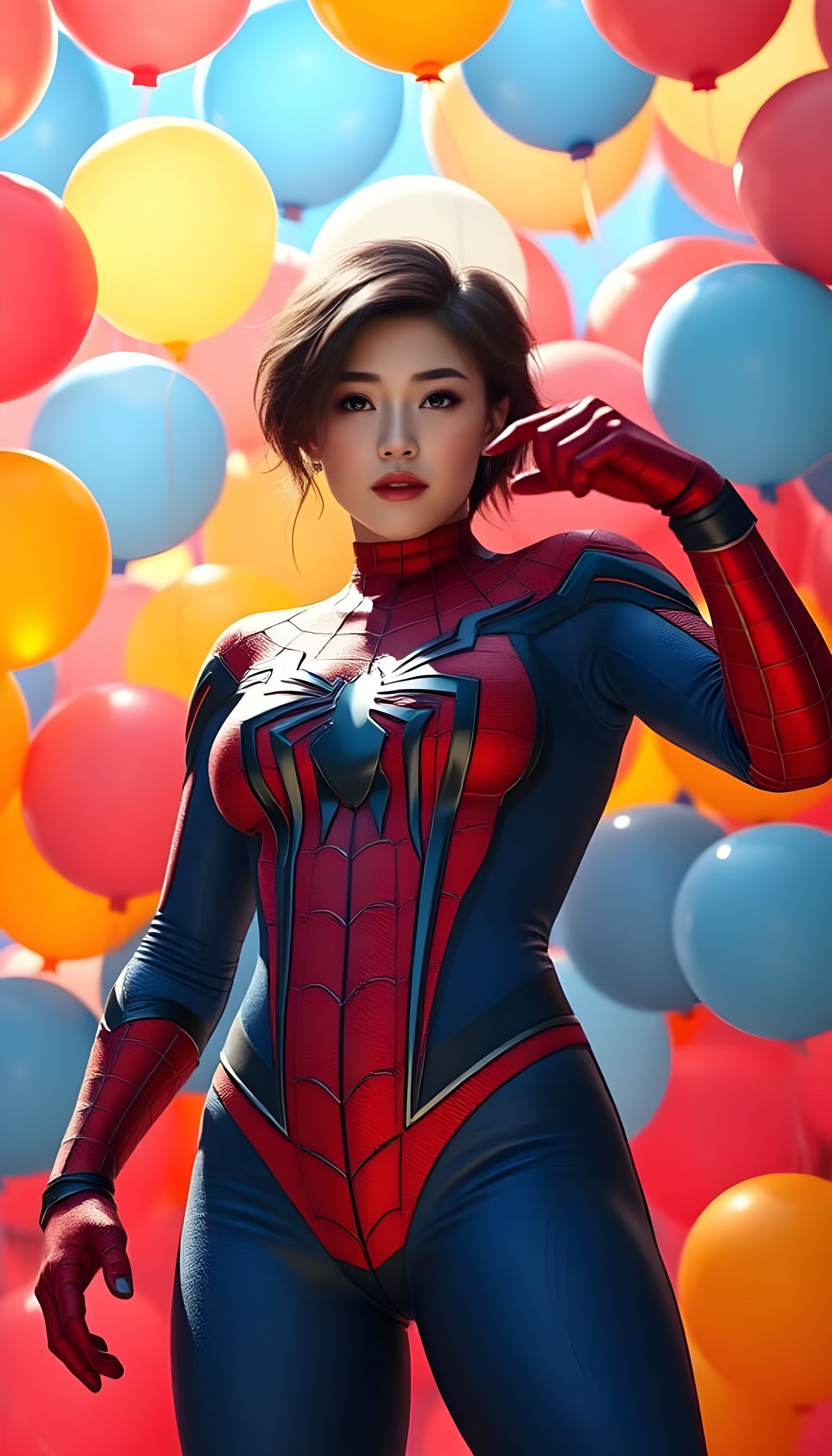 Curvy Korean Woman in Realistic Spider-Man Suit with Balloon...