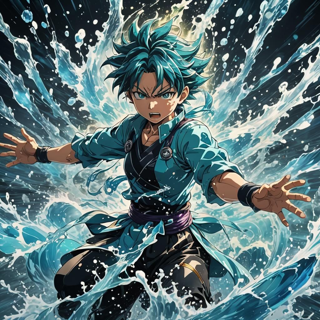 Dynamic Water Magic Blast in Anime Style