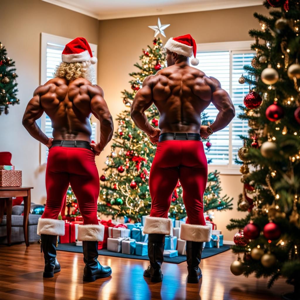 Two bodybuilders celebrating christmas