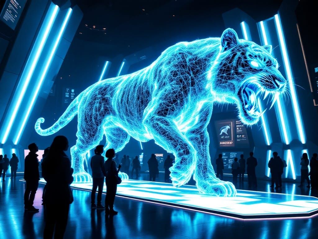 Holographic projection of a saber-toothed tiger (Smilodon).
