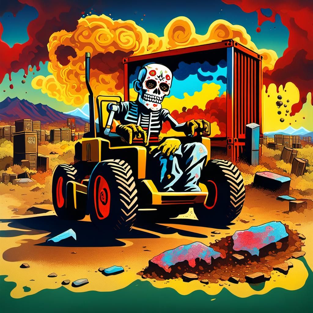 Over view of 3D thin Day of the Dead Frankenstein Lawnmower man Zombie with Sombrero sitting in front of rusty patina mu...