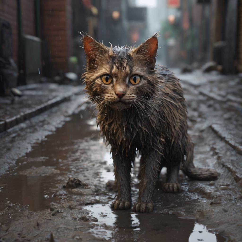 Detailed Matte Painting of a Curious Alley Cat