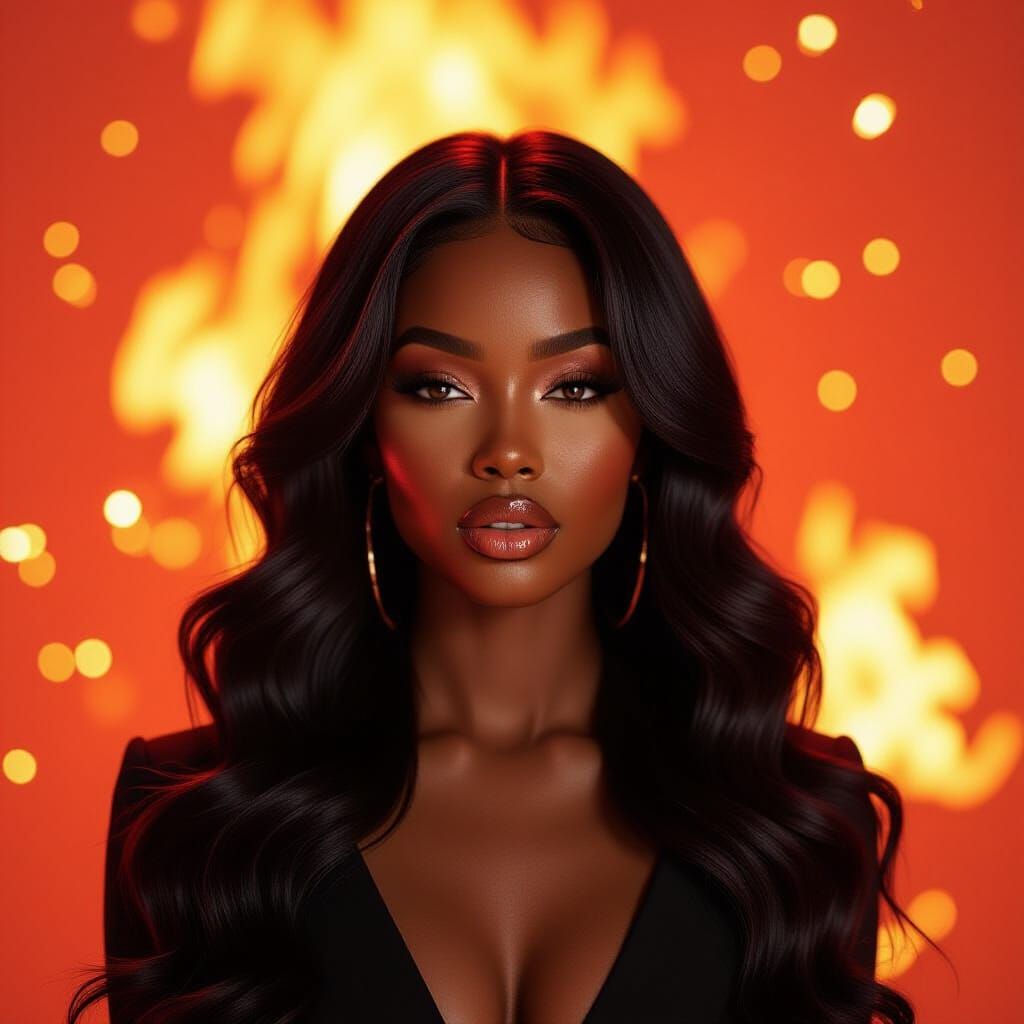 Powerful Black Woman in Fiery Studio with Swirling Light