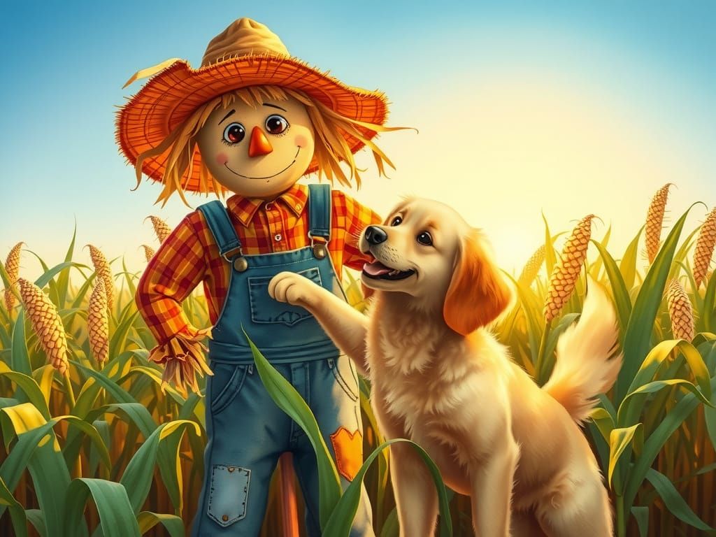 Golden Retriever Plays with Scarecrow in Sunlit Cornfield