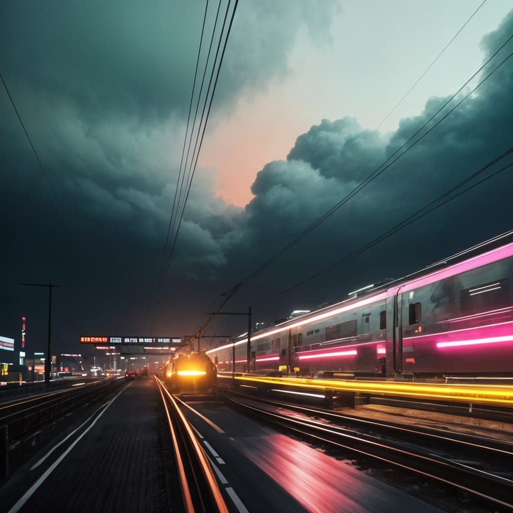 Glowing Pink and Yellow Japanese Bullet Train