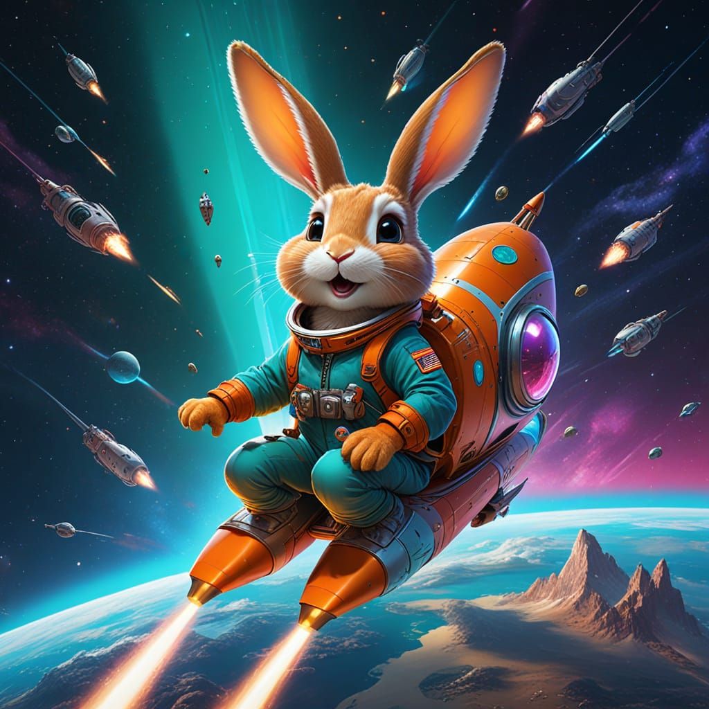 Rabbit Astronaut Blasting Off in Space, Hyperdetailed Art