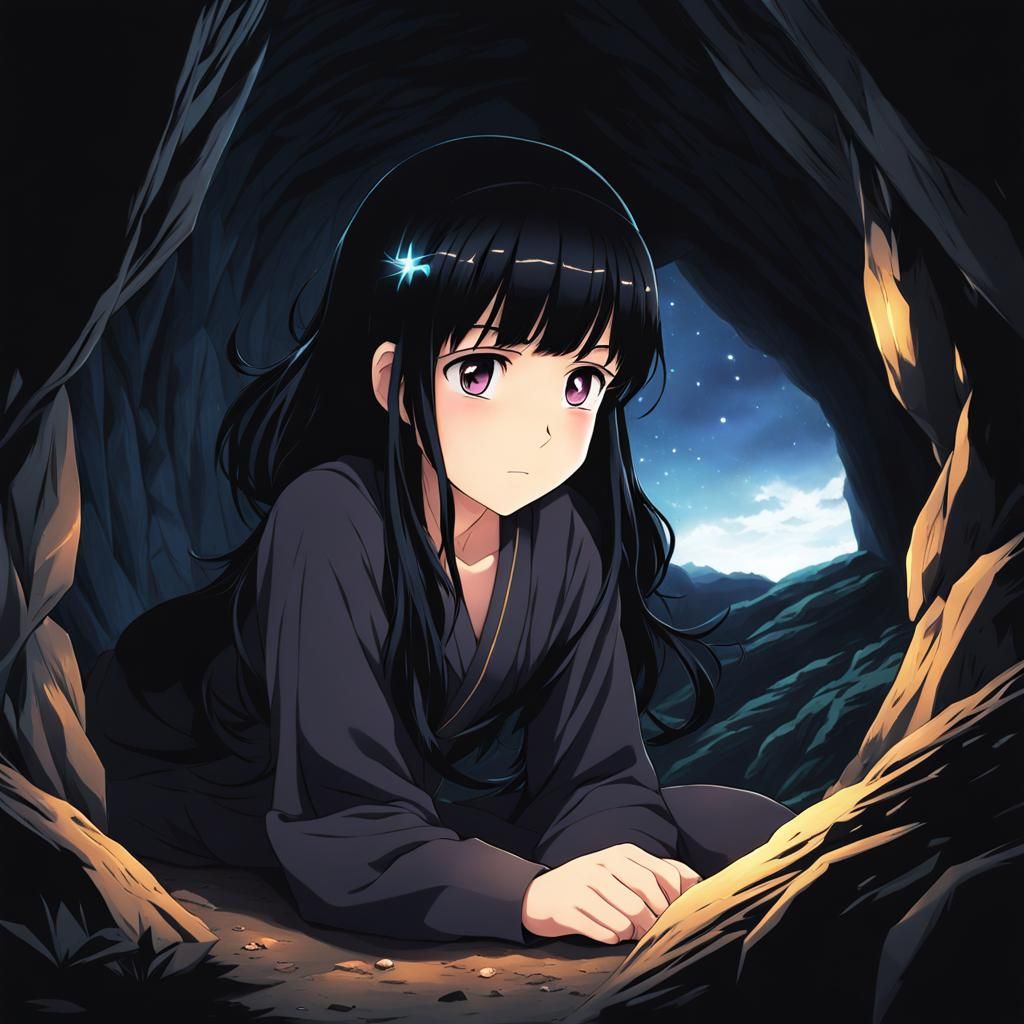 Anime Girl in Dark Cave Illustration