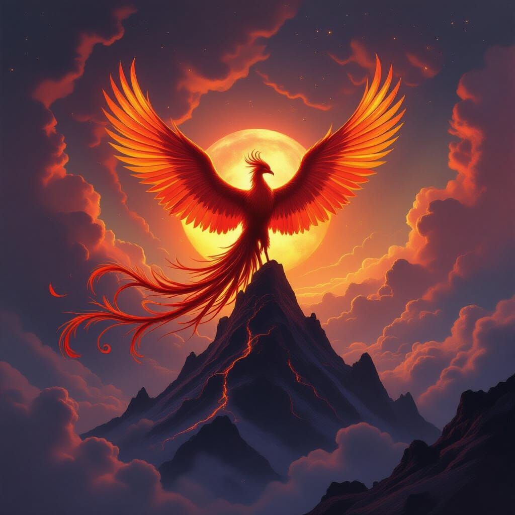 Majestic Phoenix Overlooking Cosmic Nebula in Fantasy Art St...