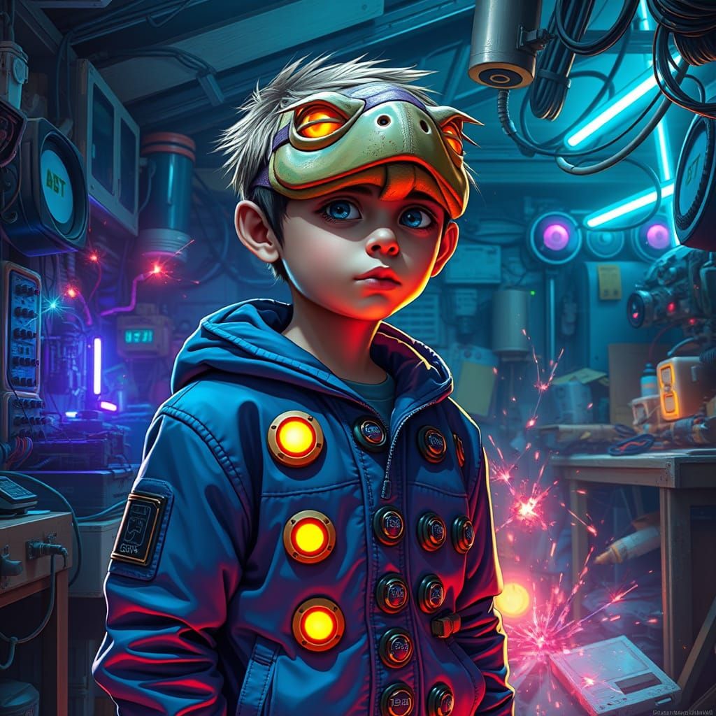 Boy with Glowing Buttons in Futuristic Shed Workshop