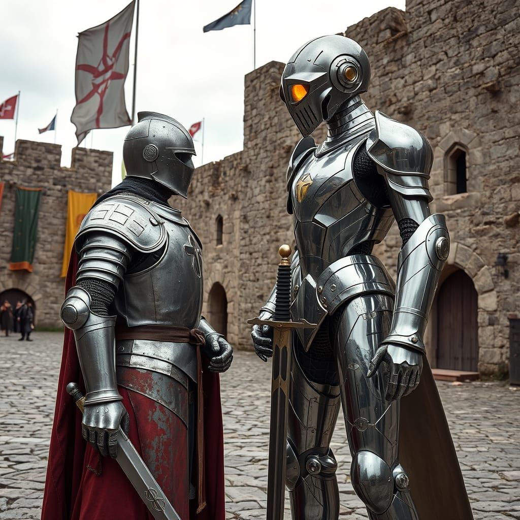 Knight Meets Android in Fortress Courtyard