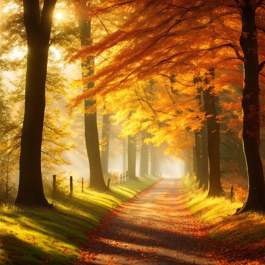 Beautiful Autumnal Scenery in Sunlit Woods