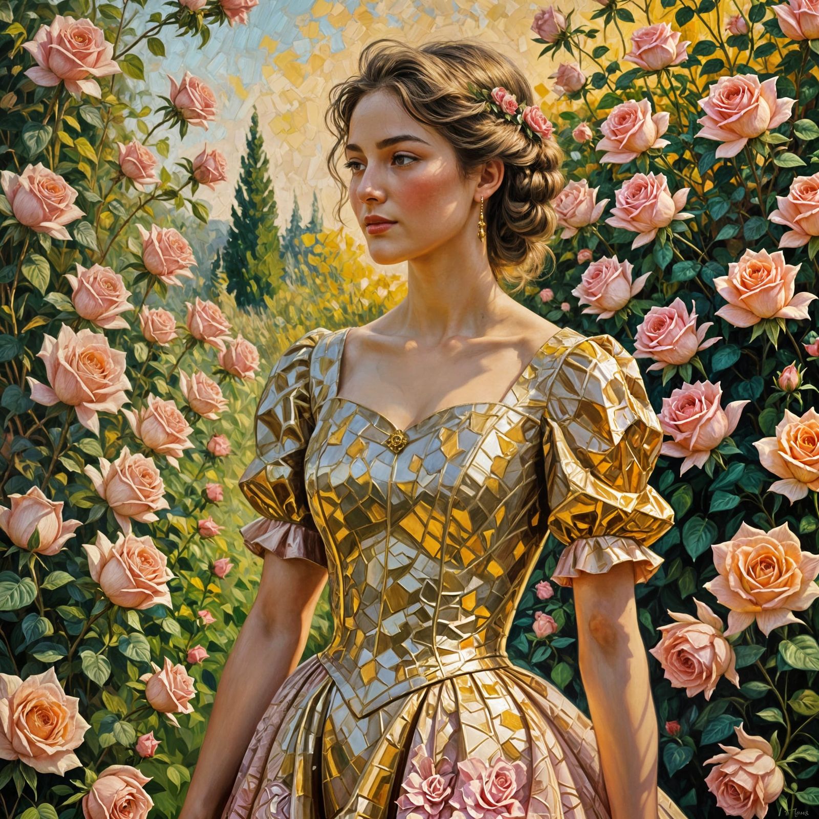 Elegant Woman in Rose Garden: Neo-Impressionist Painting