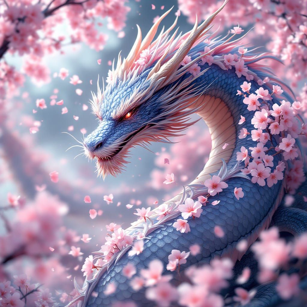 Ethereal Dragon in Cherry Blossom Whirlwind