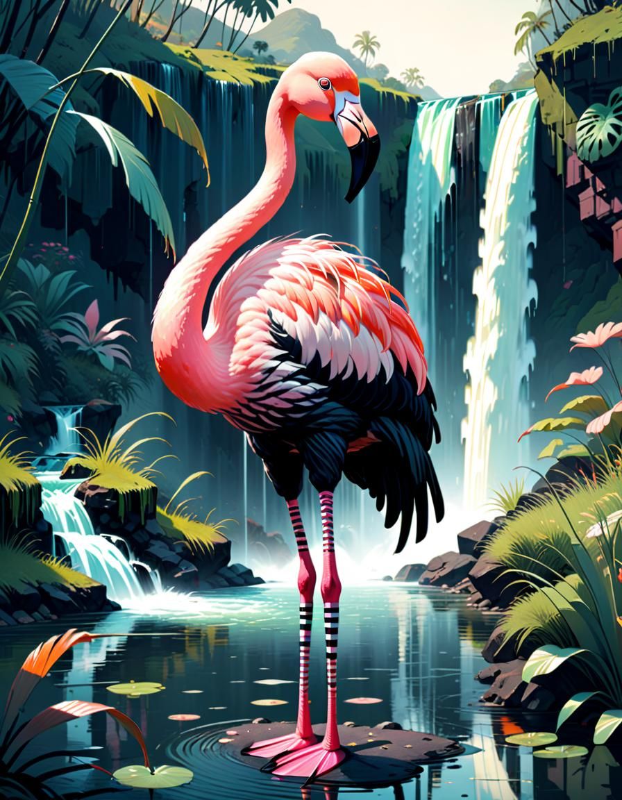 Chibi Goth Flamingo Portrait in Riverscape