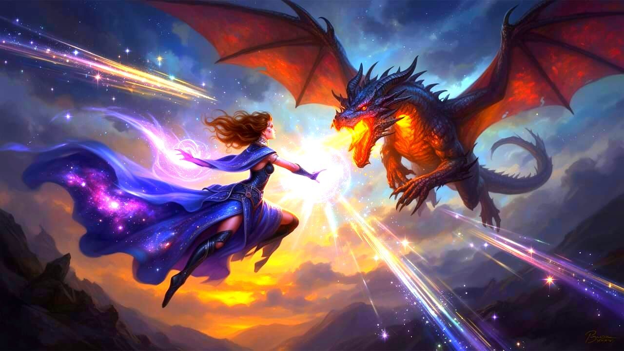 Astral Sorceress Battles Dragon God in Dramatic Sky Fight