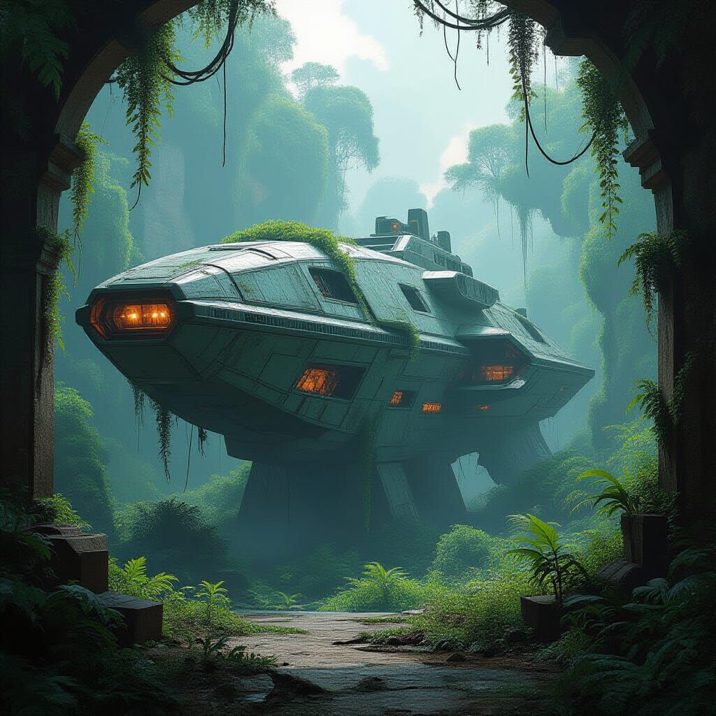 Ancient Spaceship in Overgrown Jungle Ruins Concept Art