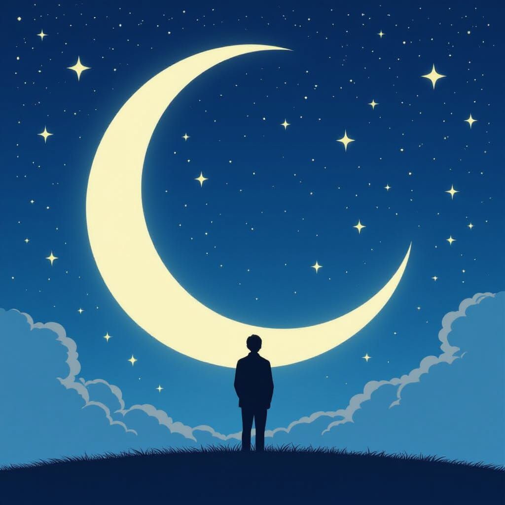 Man in Crescent Moon Under Starry Sky