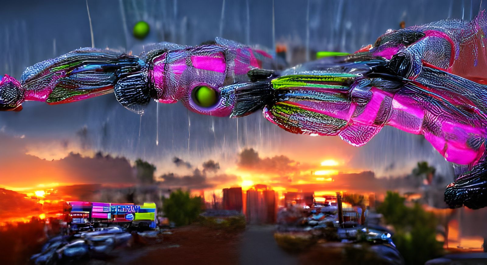 Cybernetic Sunset with Neon Showers in Hyperrealistic 8K