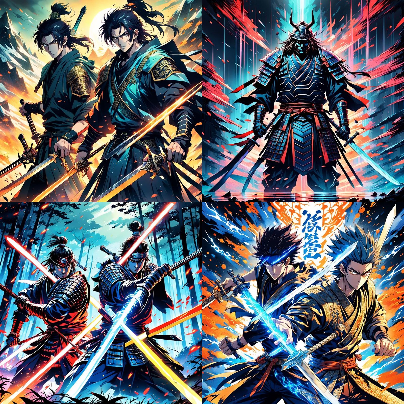 Anime Swordsmen in Japanese Manga Style