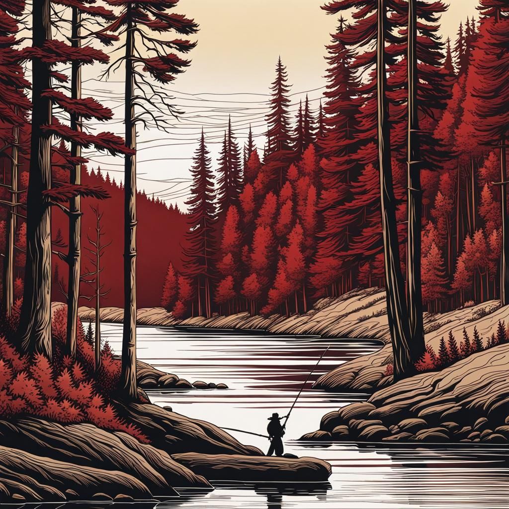 Native American Fishing: Line Art in Crimson and Gold