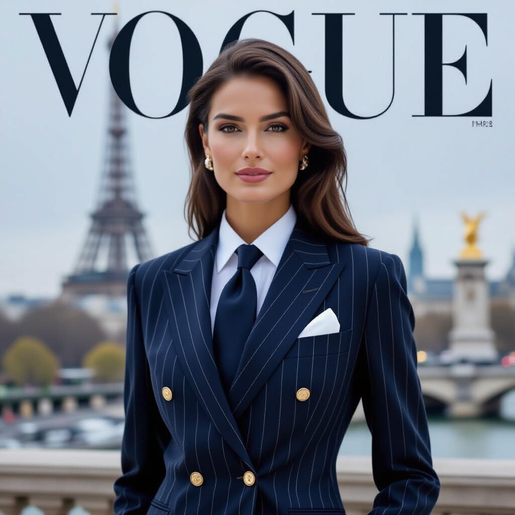 Vogue Cover: Elegant Woman in Pinstripe Suit with Paris Back...