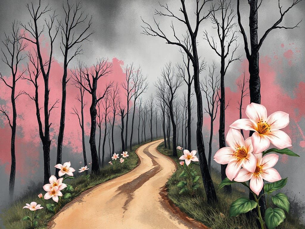 Pink Flowers Line Path in Blended Watercolor Style