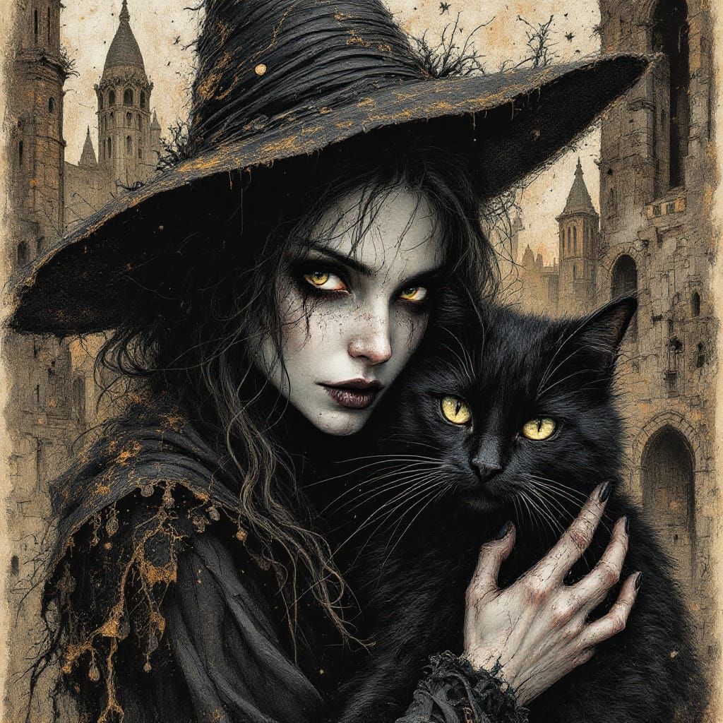 Witch and Black Cat Portrait in Gothic Ink Style