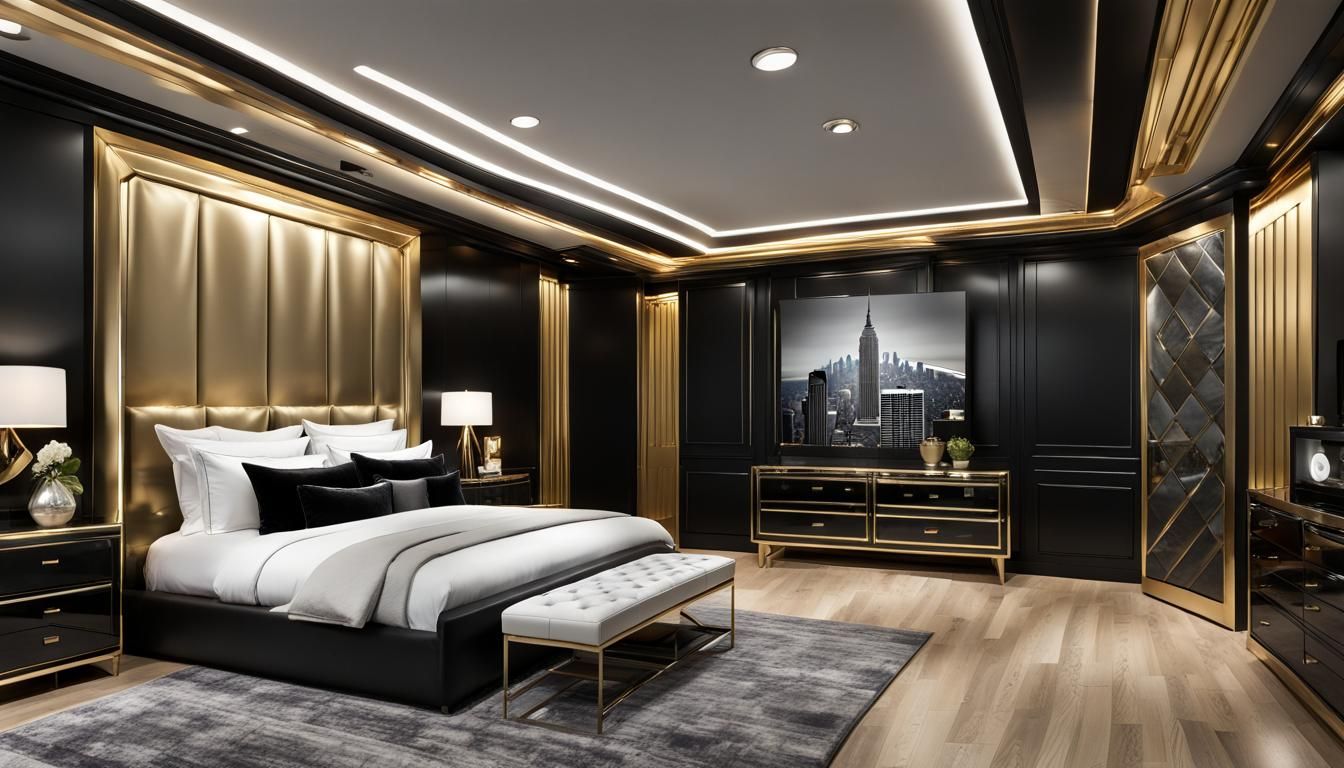 Ultra-Realistic Bedroom with Gold Accents and Plush Bedding