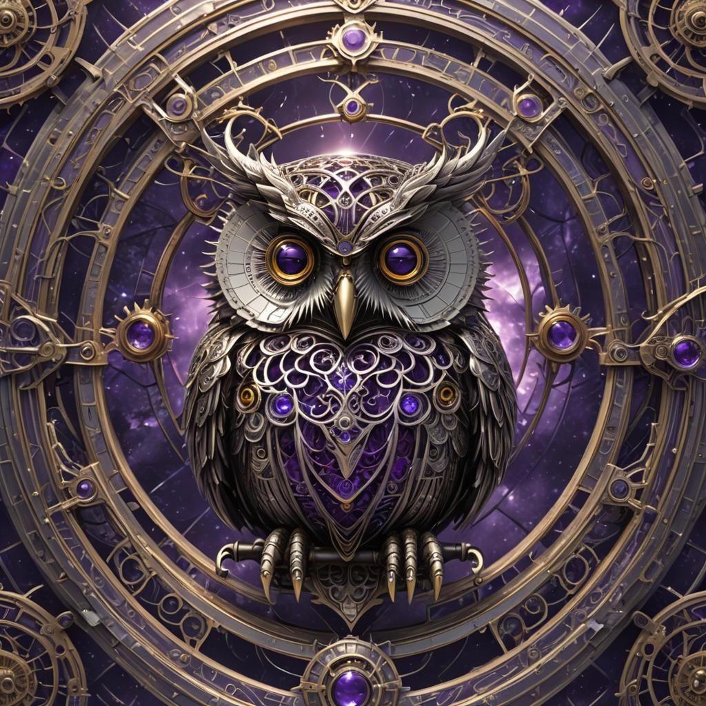 Intricate Steampunk Owl with Fractal Stargate