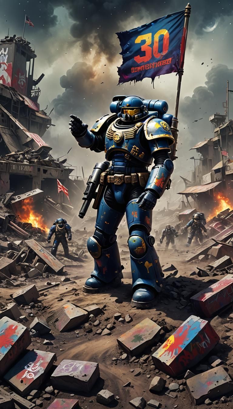 Space Marine Waves Flag on Alien Planet in Graffiti Art Styl...