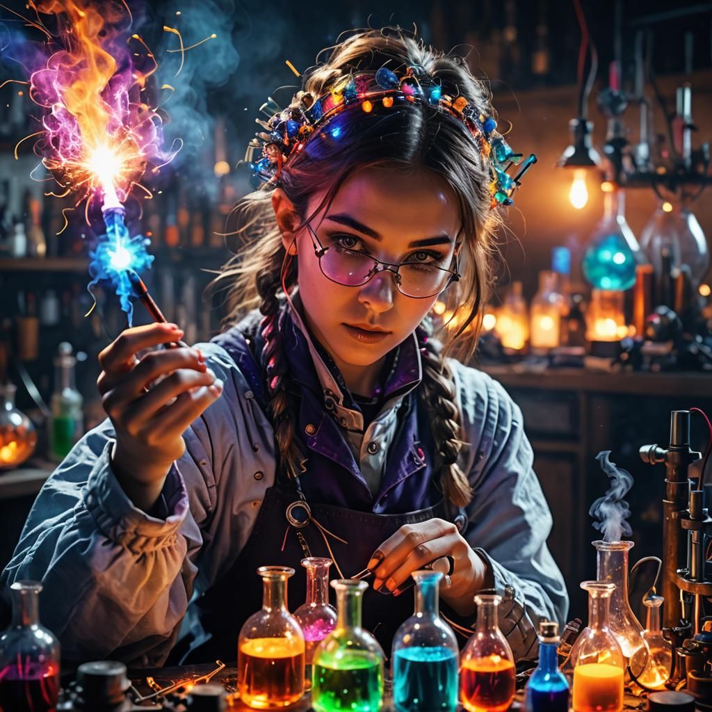 Alchemist Girl Mixing Potions in Laboratory Scene