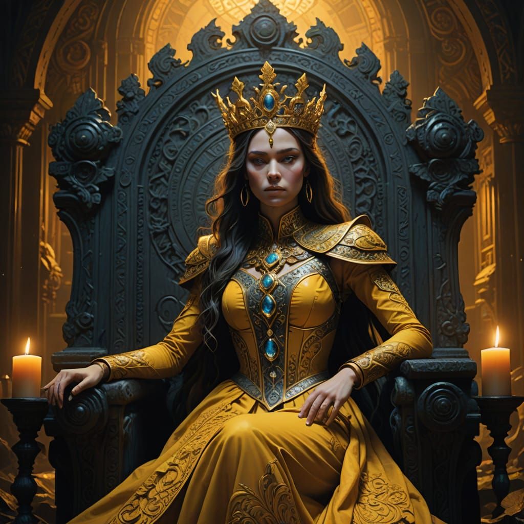 Regal Woman Reigns on Ornate Throne in Dark Fantasy Setting
