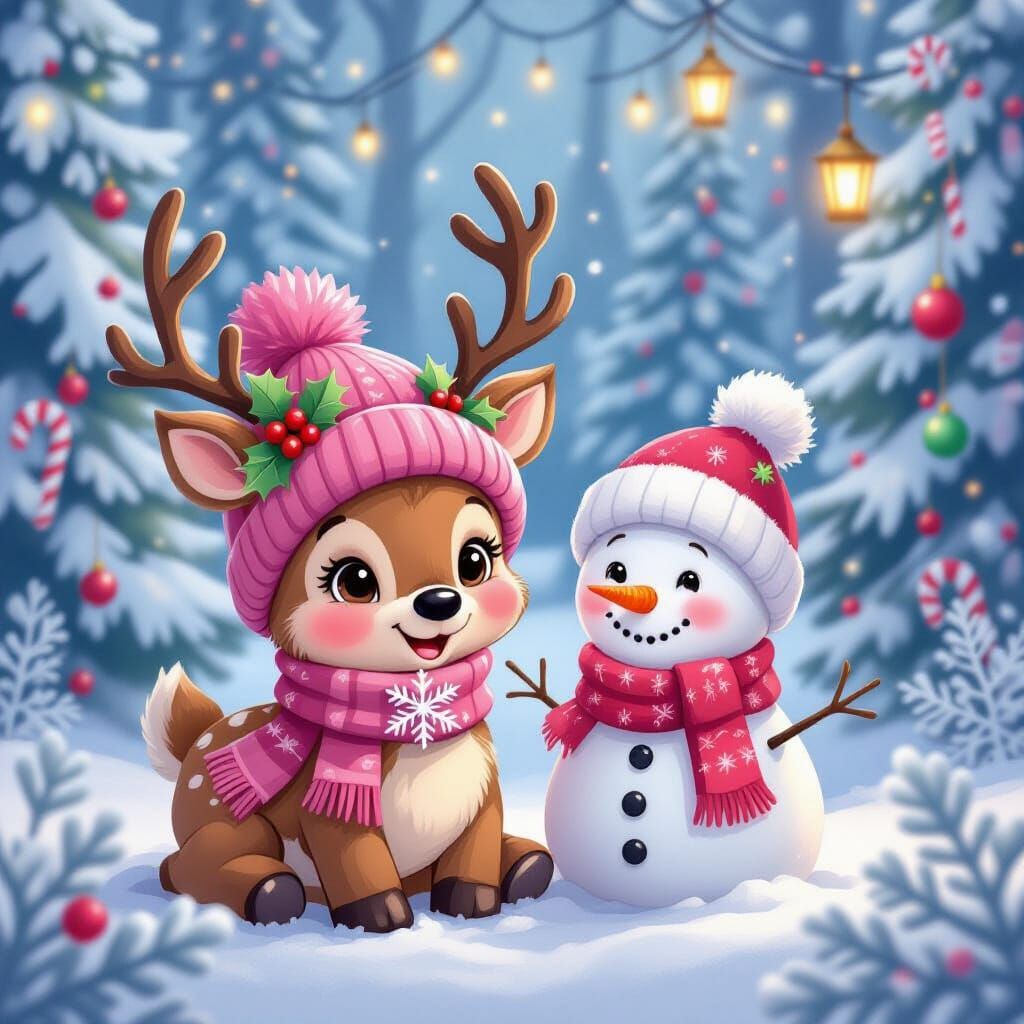 Cute Reindeer & Snowman in Magical Winter Wonderland