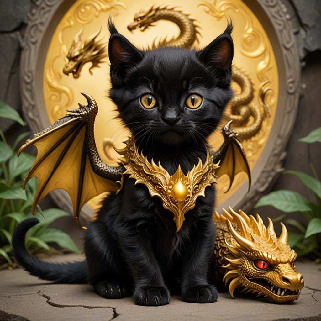 Majestic Golden Dragon Admires Tiny Black Kitten