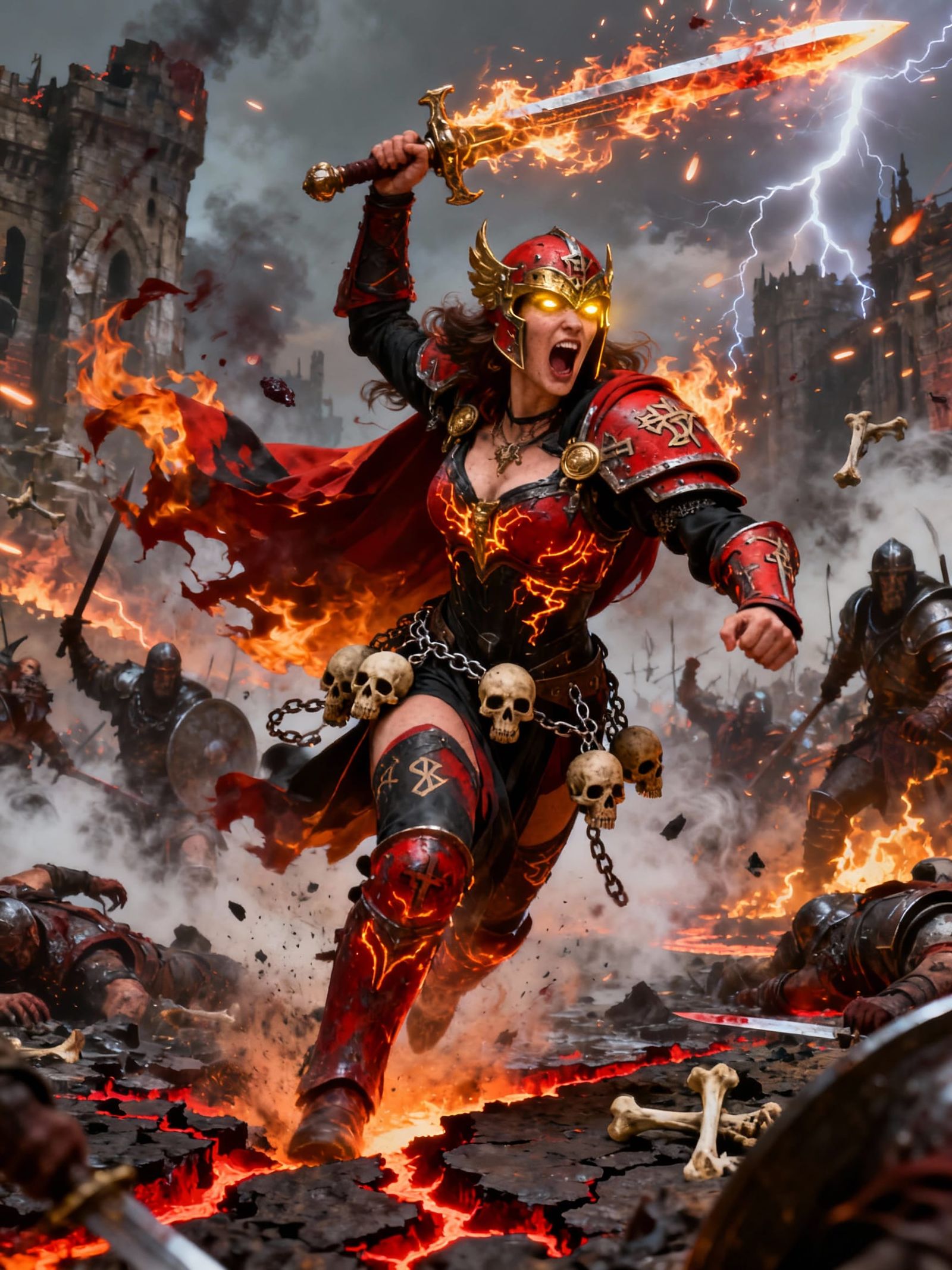 War Goddess Charges Battle in Fiery Glory