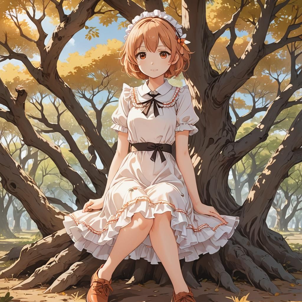 Anime Girl in Frilly Dress Under Bare Tree