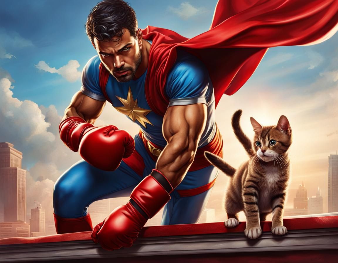 Boxer Superhero Saves Kitten in Hyperrealistic Art