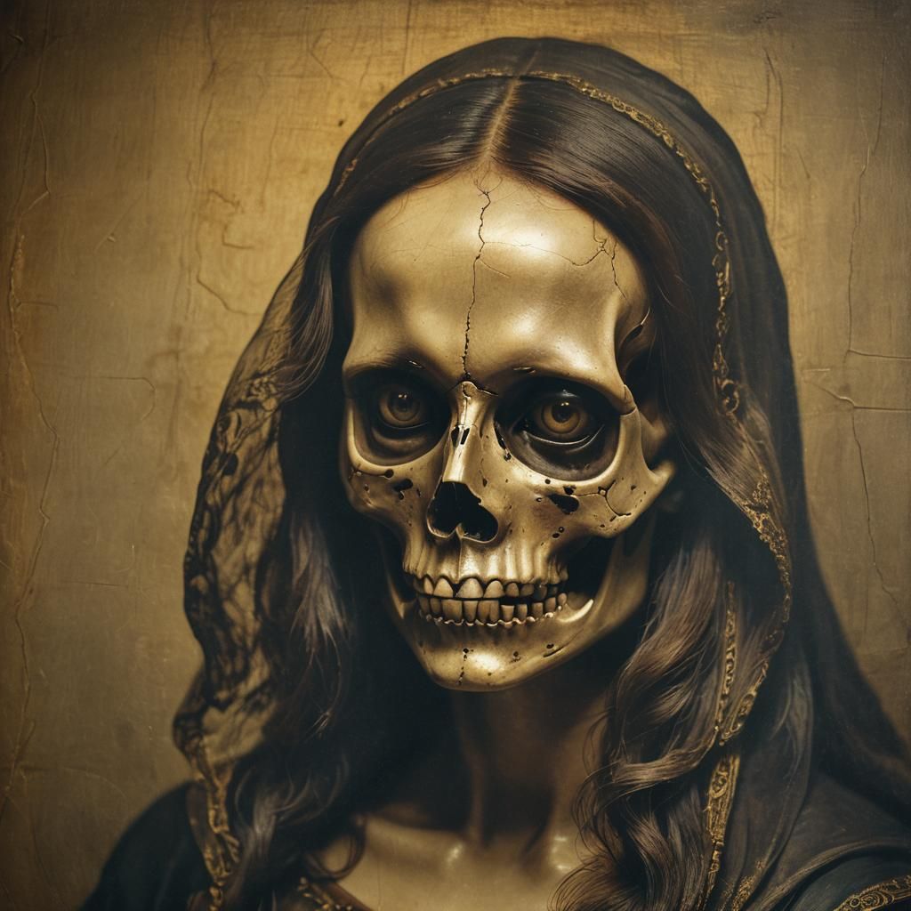 Surreal Mona Lisa Skull Portrait in Renaissance Chamber